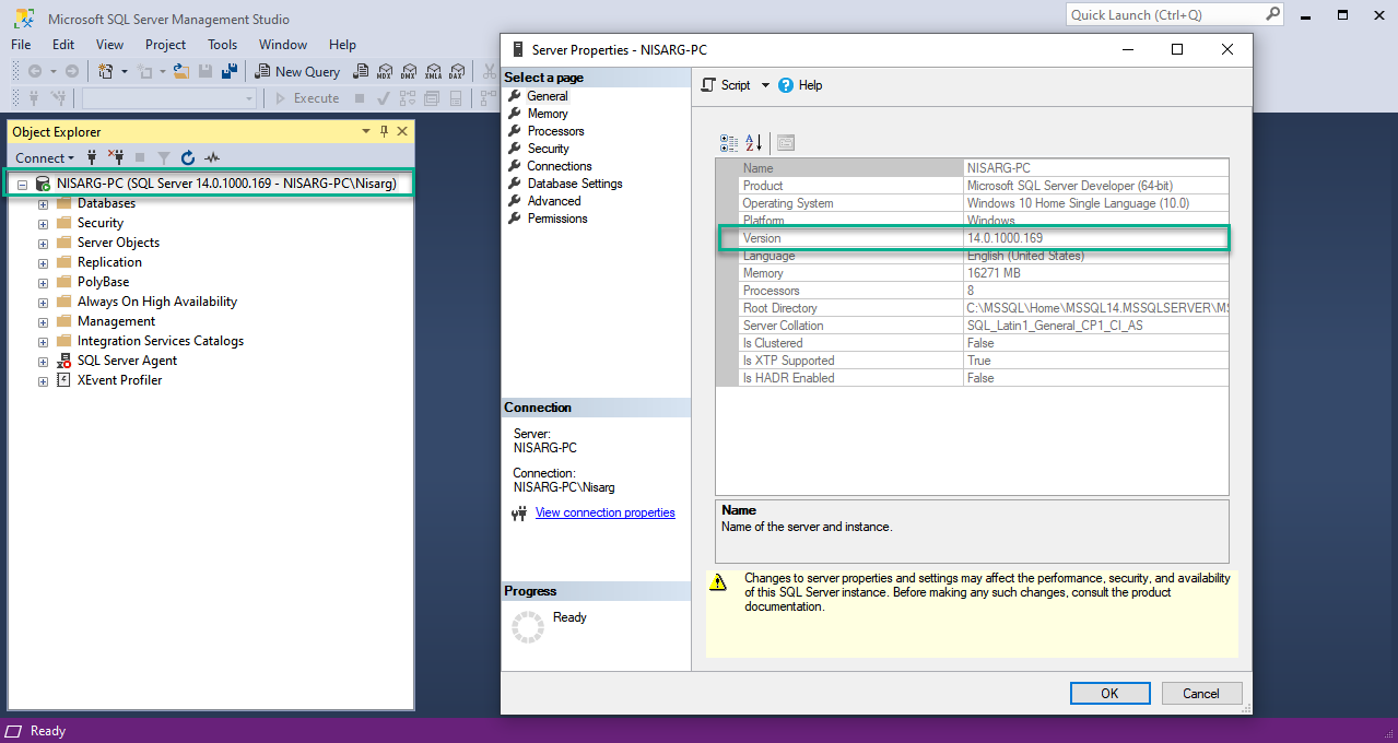 SQL Server version number in Database engine properties