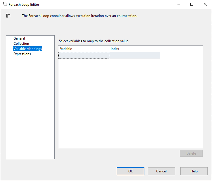 SSIS foreach loop container variable mappings tab page