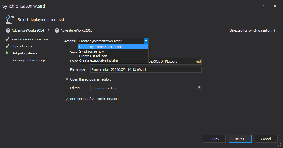 Output actions step in the Synchronization wizard of ApexSQL Diff