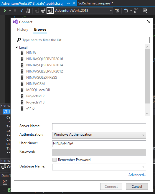 Change connection to execute the update SQL script on a different SQL Server database