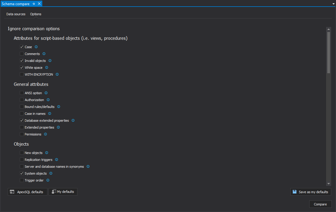 Comparison and synchronization options under the Options tab of the Schema compare query window