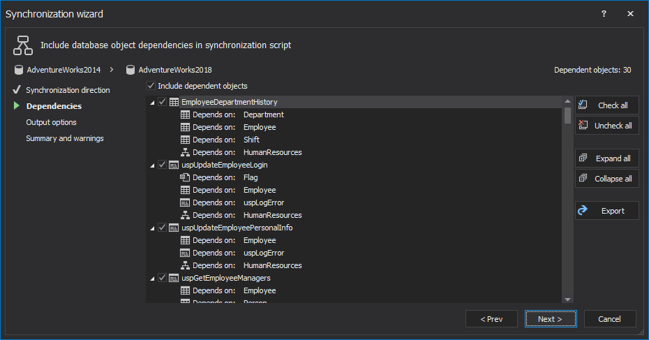 Dependencies step in the Synchronization wizard of ApexSQL Diff