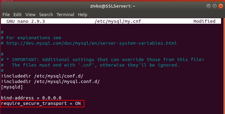 Enter require_secure_transport option to my.cnf file