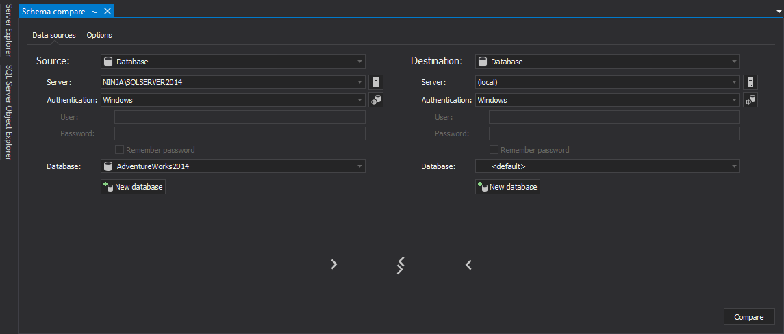 Initiating the Schema compare query window