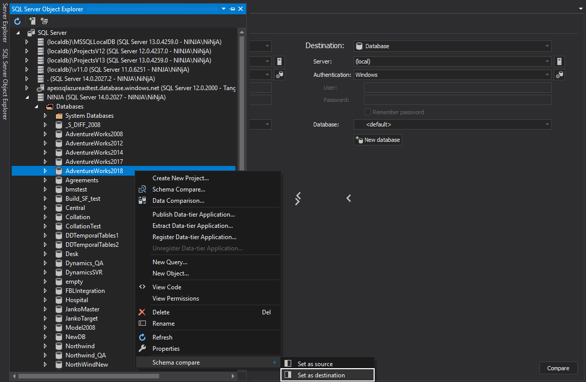 Loading a destination SQL database with the Set as destination command