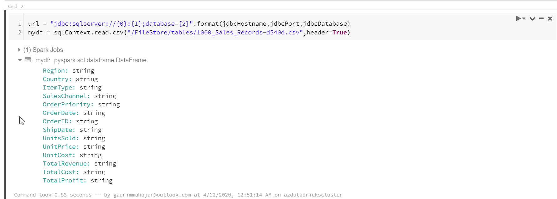 Loading data into SQL Database using Python notebook from Databricks on Azure plaform 2/4