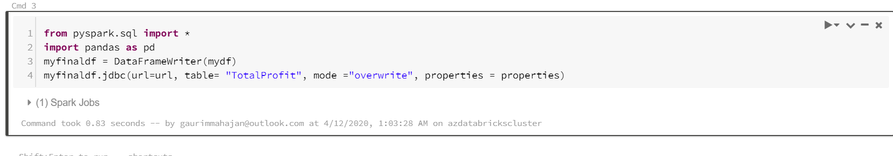 Loading data into SQL Database using Python notebook from Databricks on Azure plaform 3/4