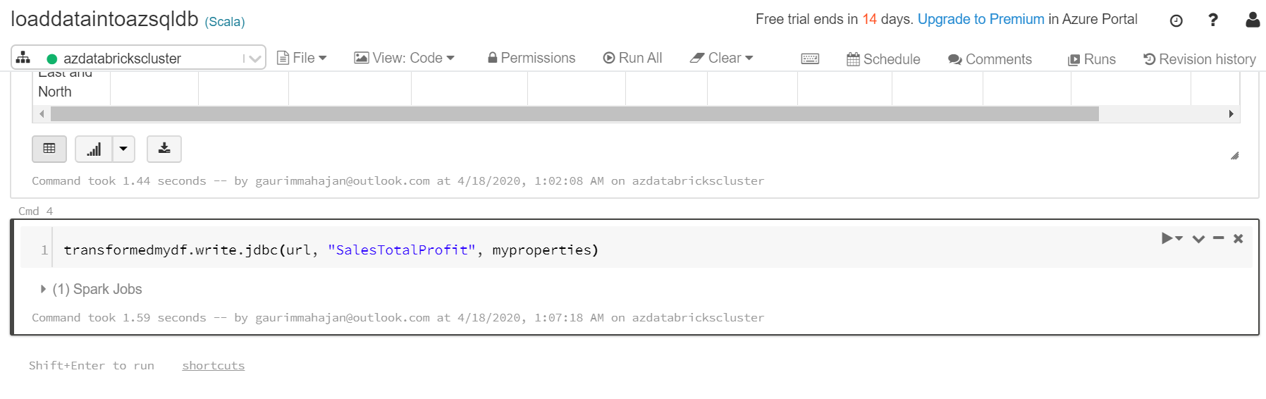 Loading data into SQL Database using Scala notebook from Databricks on Azure plaform 7/10