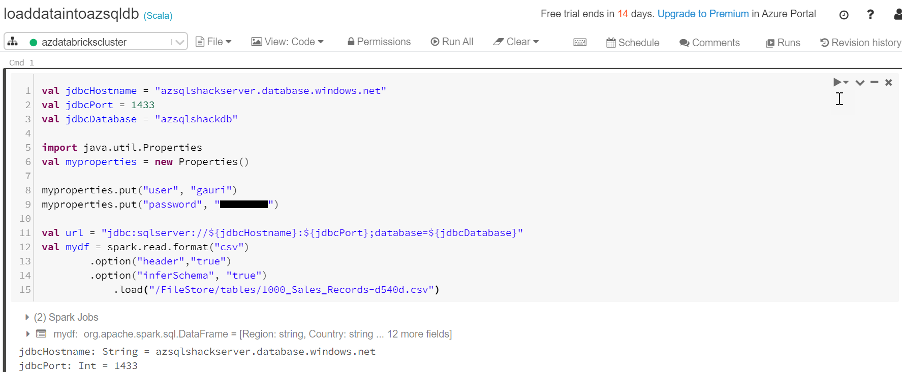 Loading data into SQL Database using Scala notebook from Databricks on Azure plaform 1/10