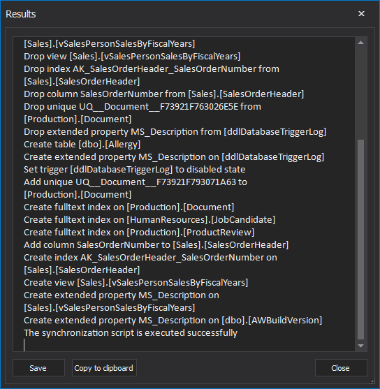 Results dialog upon finished process of a destination SQL database synchronization 