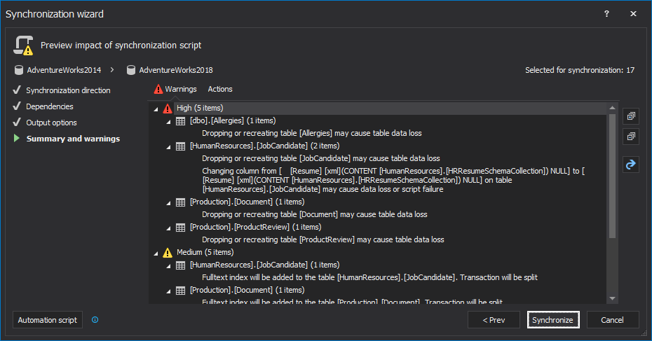 Starting the synchronization process in ApexSQL Diff