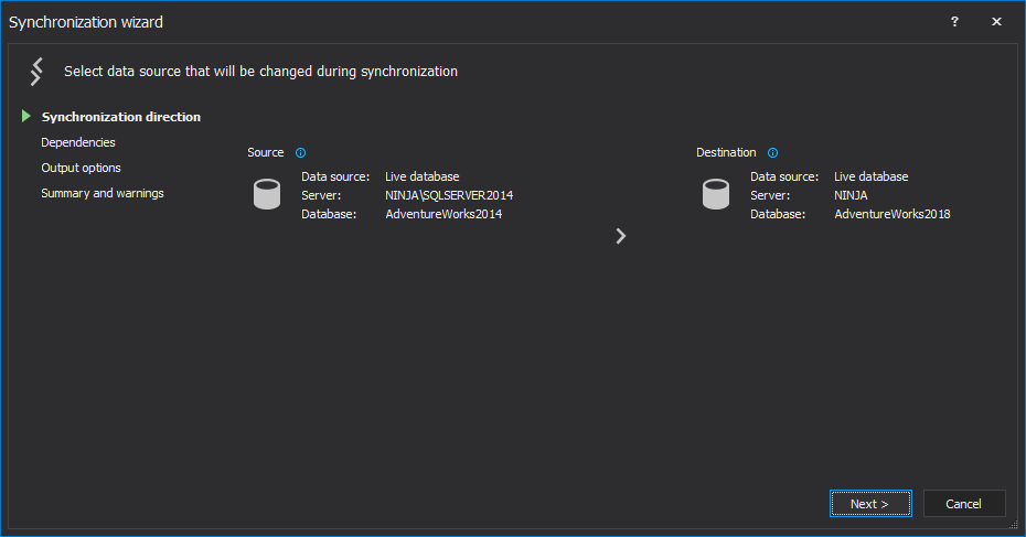 Synchronization direction step in the Synchronization wizard of ApexSQL Diff