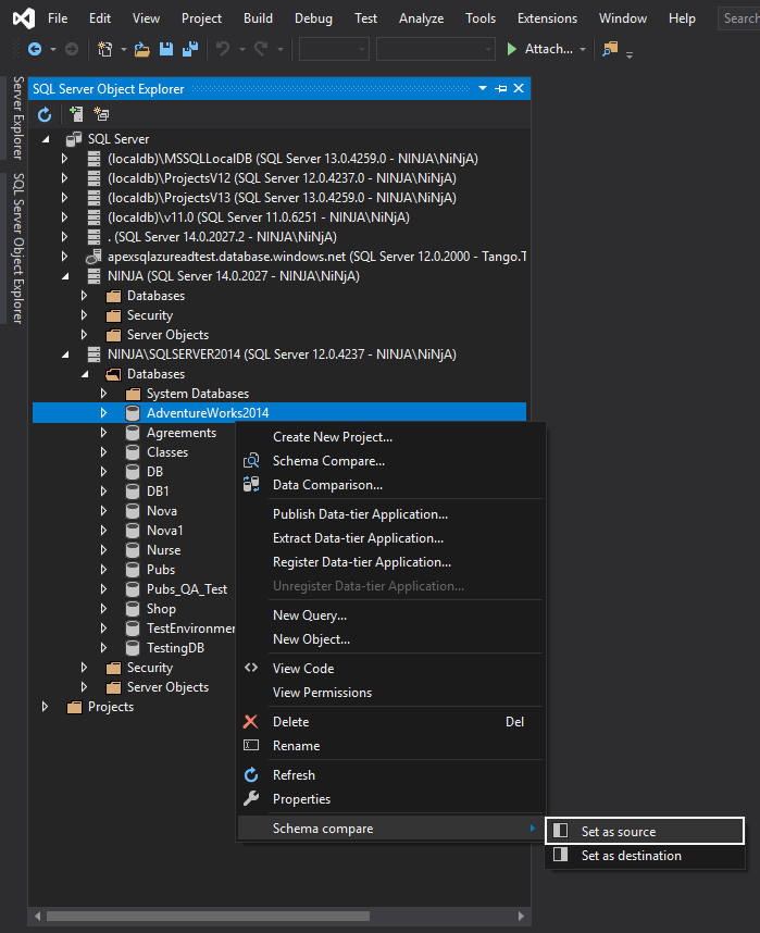 Set as source or Set as destination commands in the Schema compare sub-menu