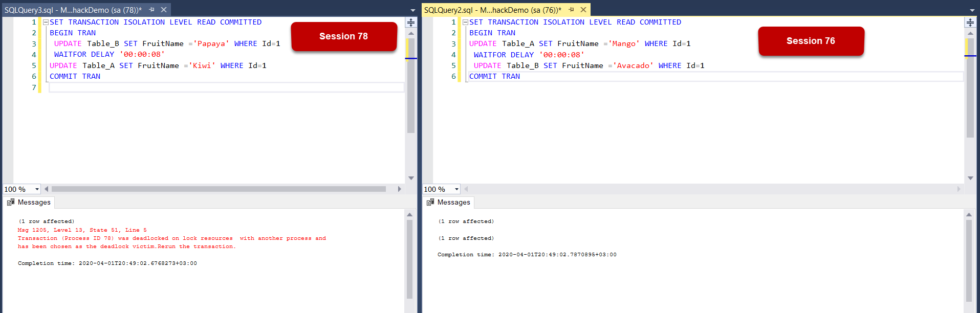 Simulating the deadlock in SQL Server