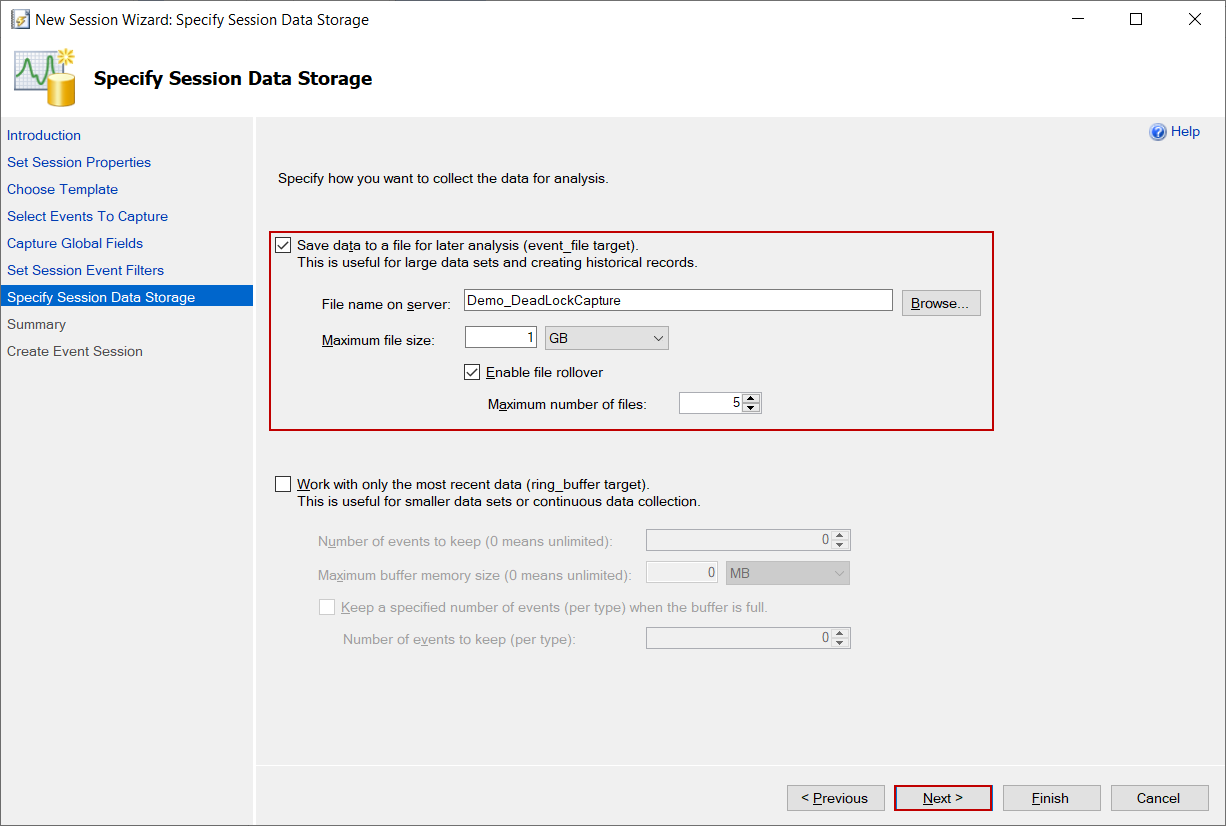 Specify Session Data Storage in the extended event