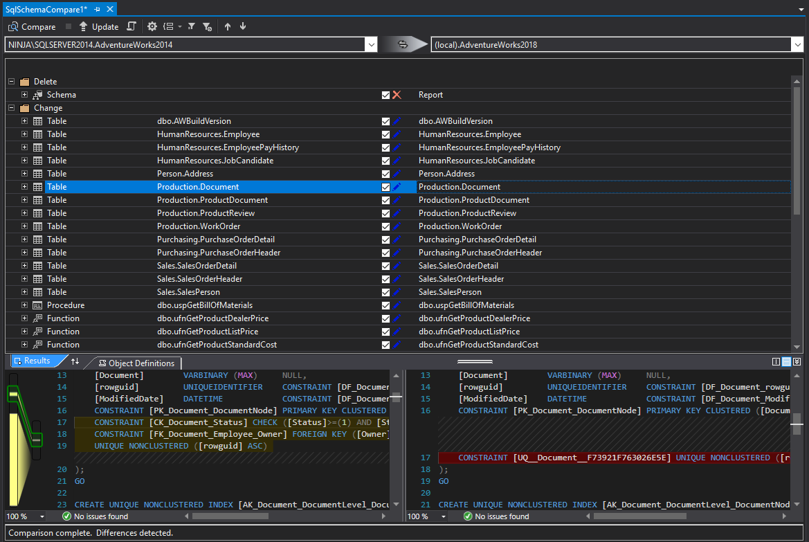 SQL Server database schema comparison results