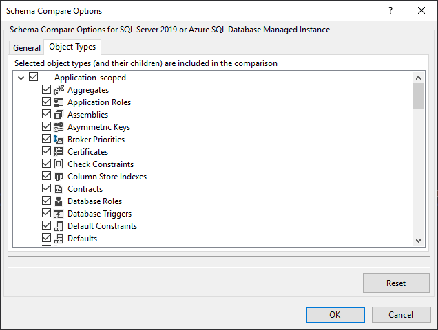 The Object Types tab under the Schema Compare options window