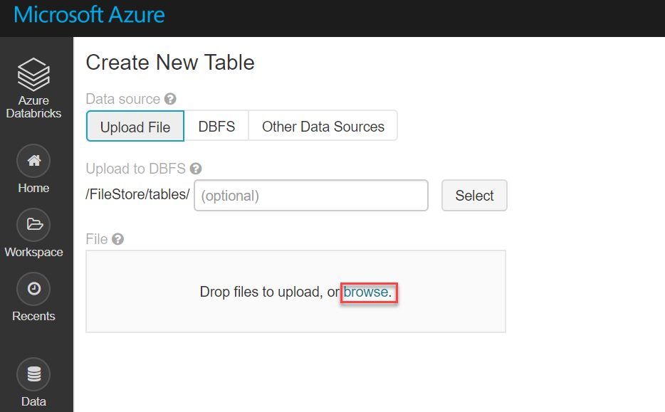 Uploading data on Databricks portal in Azure.