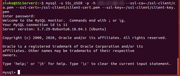 Using SSL files to connect to remote MySQL server