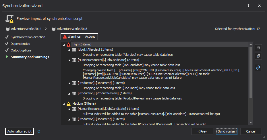 Warnings and actions in ApexSQL Diff