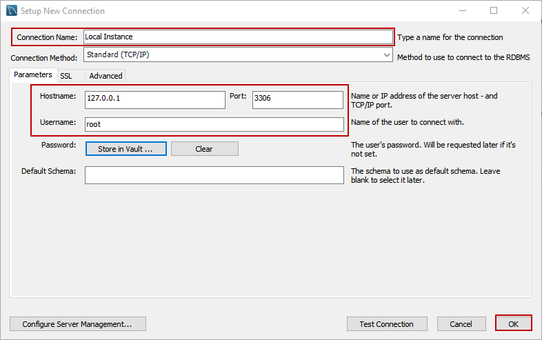 MySQL create table example: Configure new connection