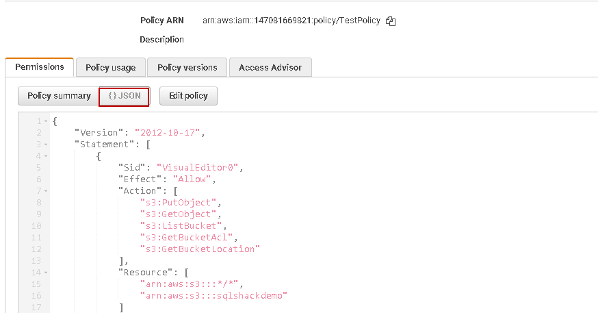 Note down JSON format of a policy