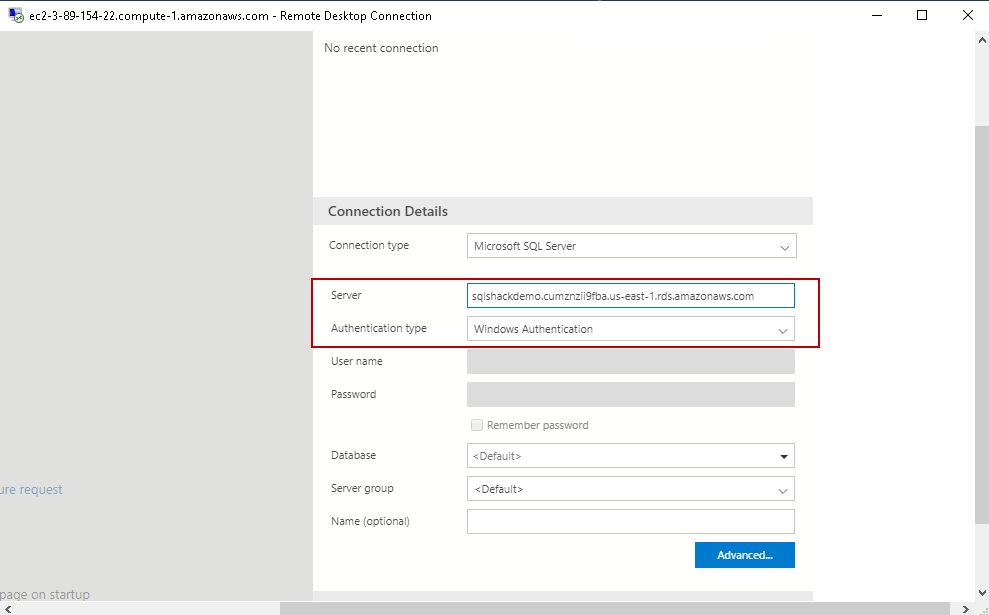 Connect using Windows authentication