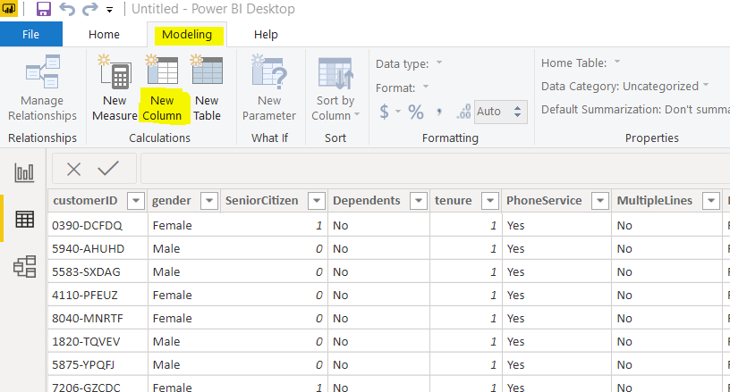 Creating a new column in the data view.