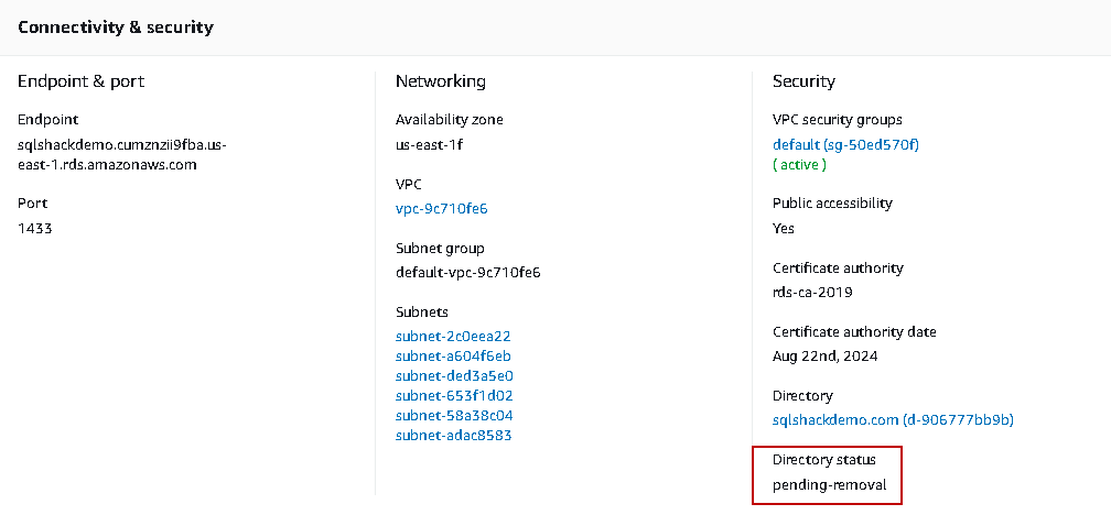 Pending-removal status for AWS RDS SQL Server 