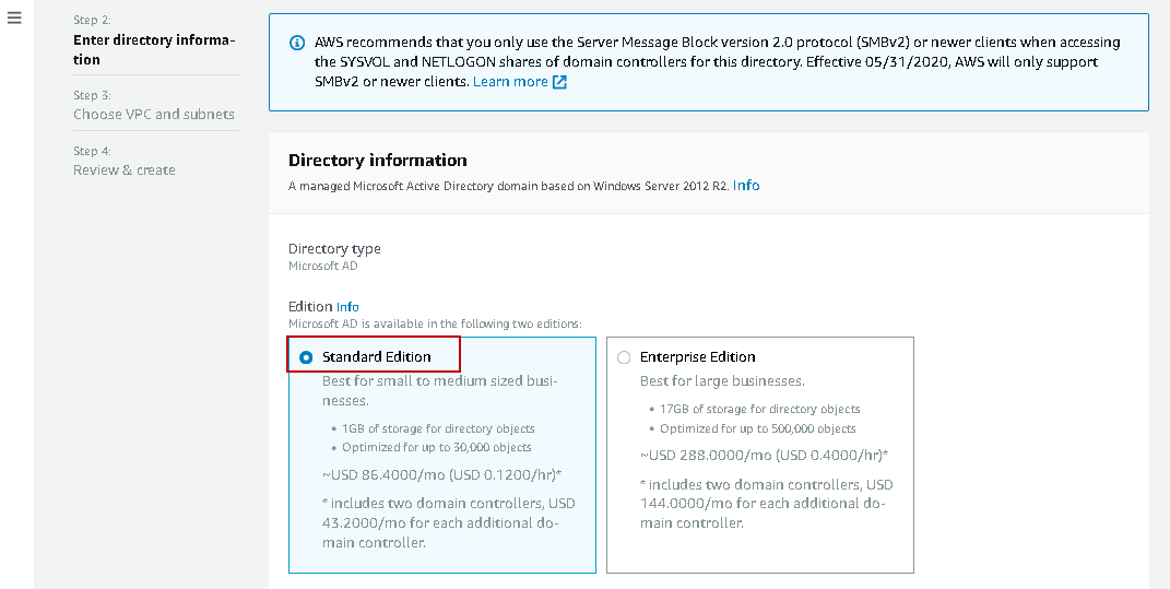 Select the standard or enterprise edition for AWS RDS SQL Server