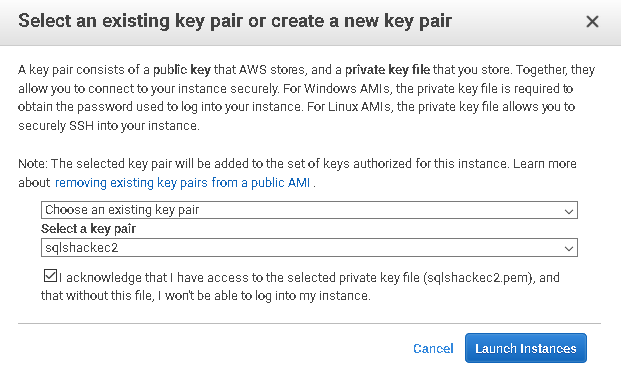 select an existing key pair or create a new key pair 