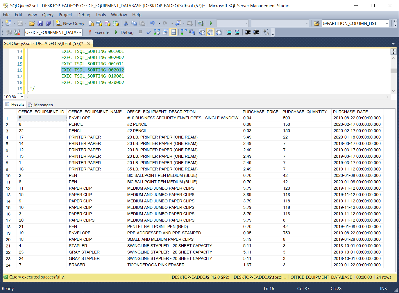 Testing the TSQL_SORTING stored procedure with an EXEC statement.