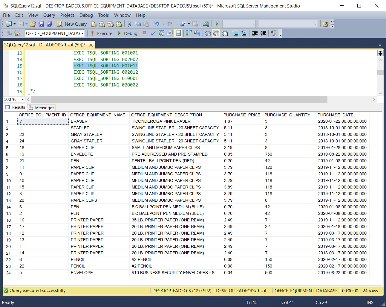 Testing the TSQL_SORTING stored procedure with an EXEC statement.