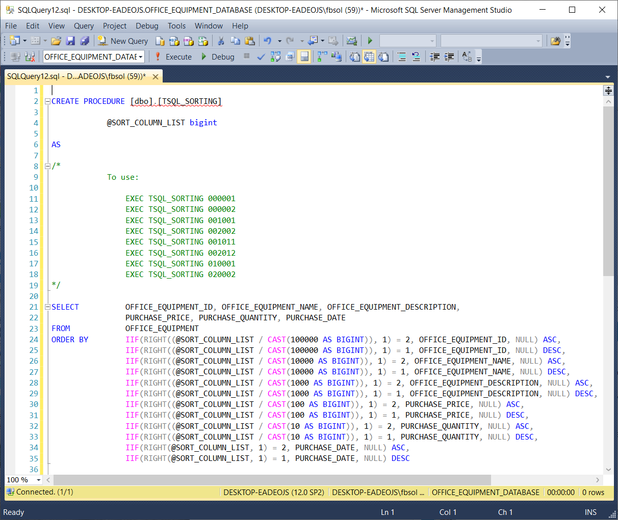 The TSQL_SORTING stored procedure, with code in the ORDER BY clause that makes flexible sorting possible.