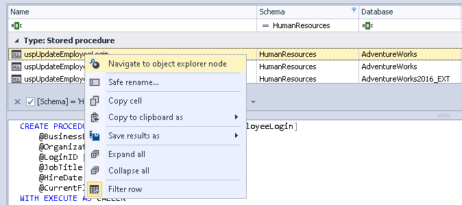 Navigate to object explorer node