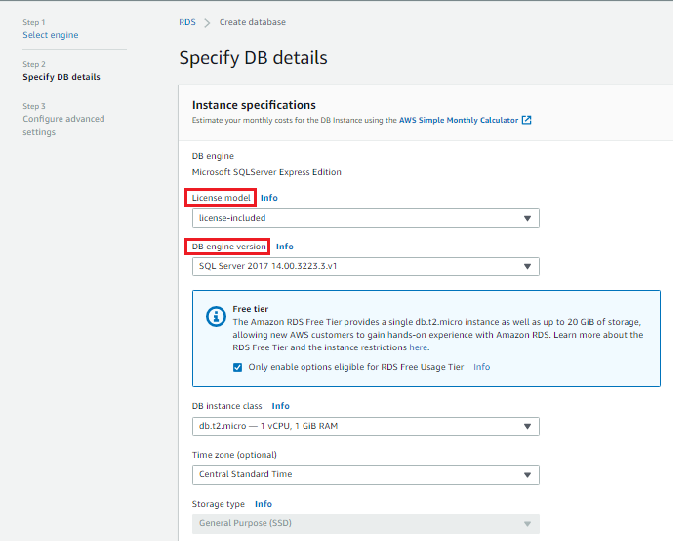 AWS Specify DB Options