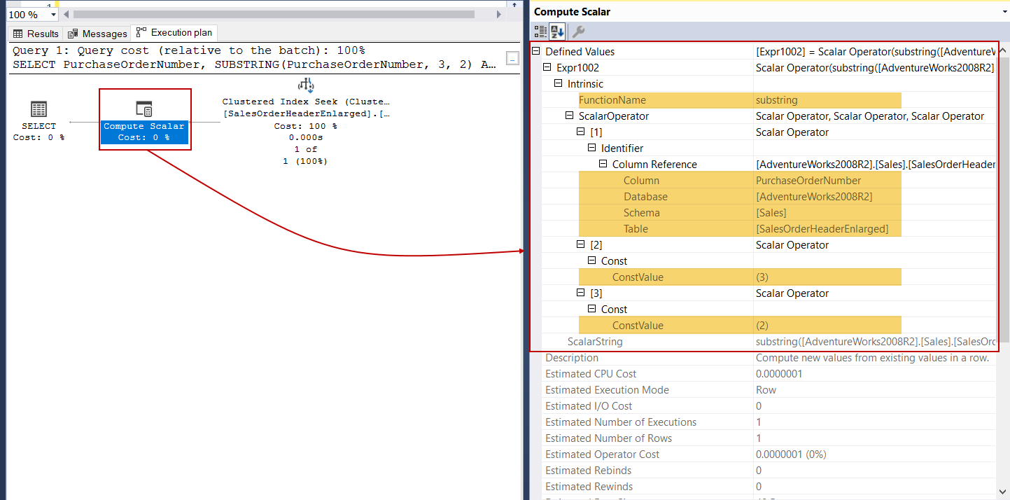 Execution plan details of the compute scalar operator.