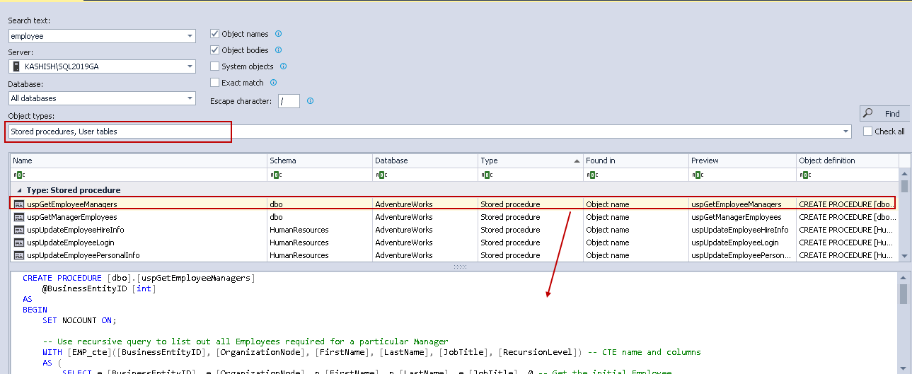 Procedures and user tables