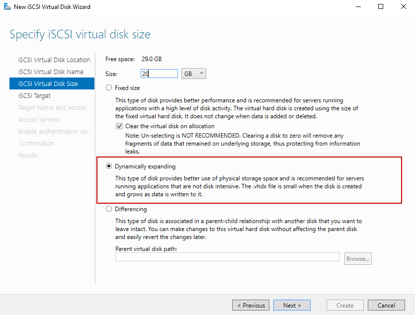 Specify the size of iscsi virtual disk