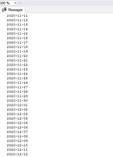 SQL Server loops - PRINTing dates in range using SQL Server WHILE loop