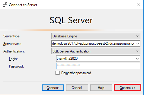 To test AWS RDS SQL Server connectivity - type in the Crendentials in SSMS connect to Server pane