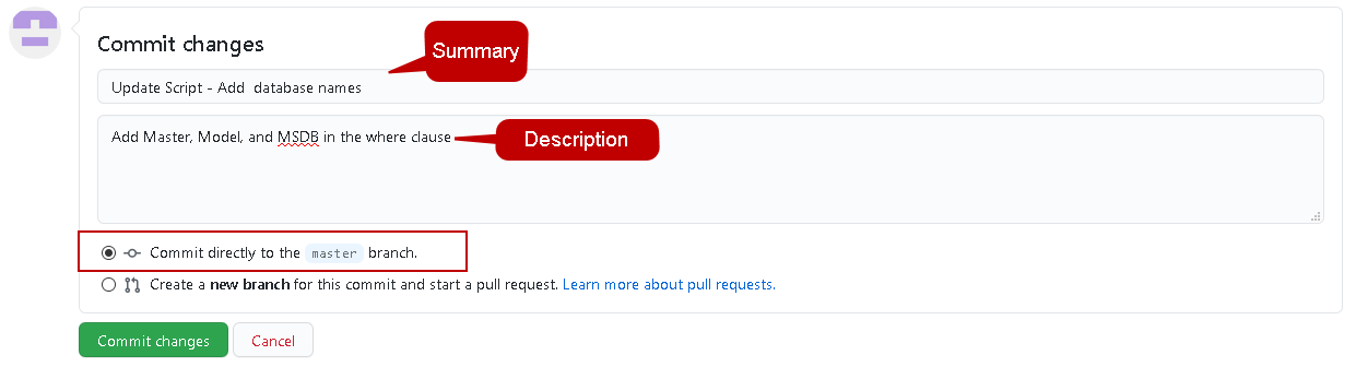 Commit summary and description