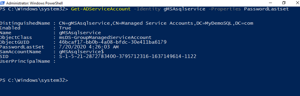 last password reset for the managed service account 