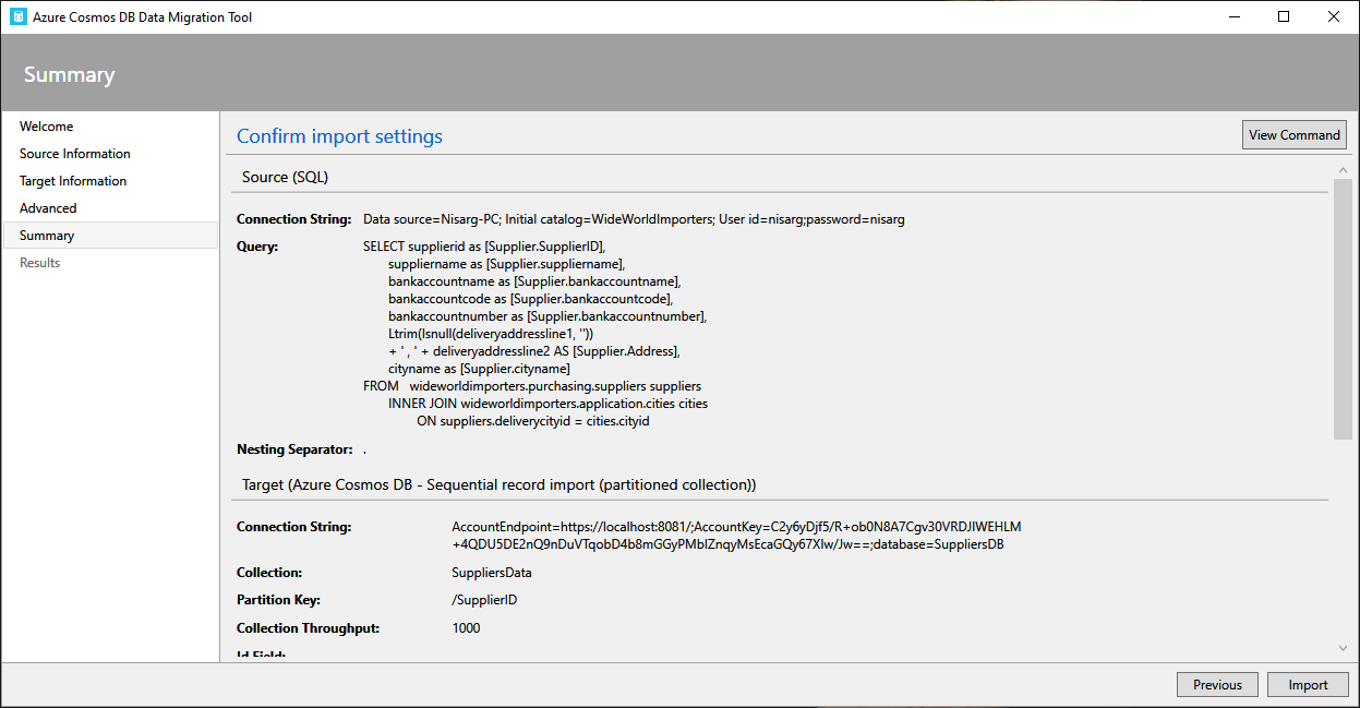 confirm import settings screen