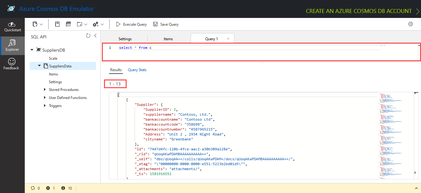 Cosmos DB Query result