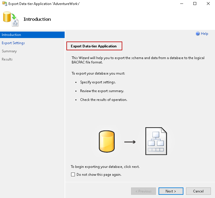 Export Data-tier application wizard for BACPAC package