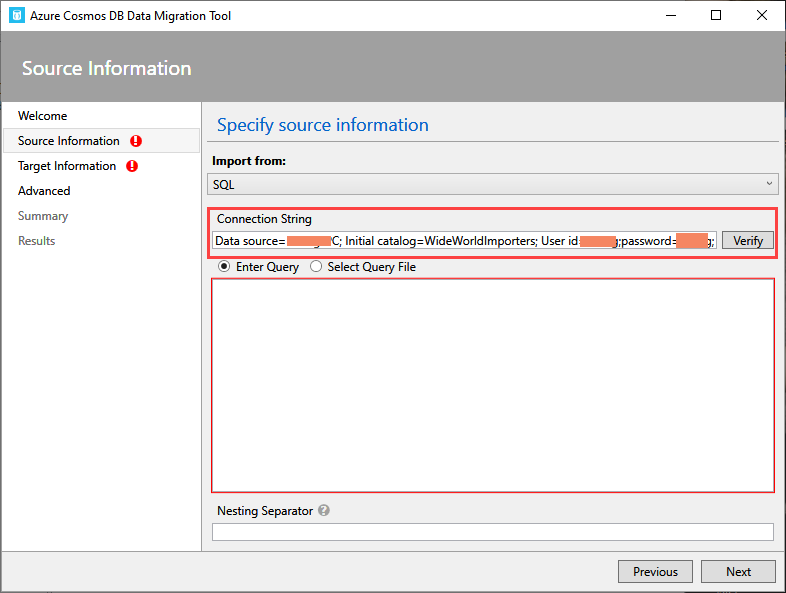 Enter connection string: Source information screen