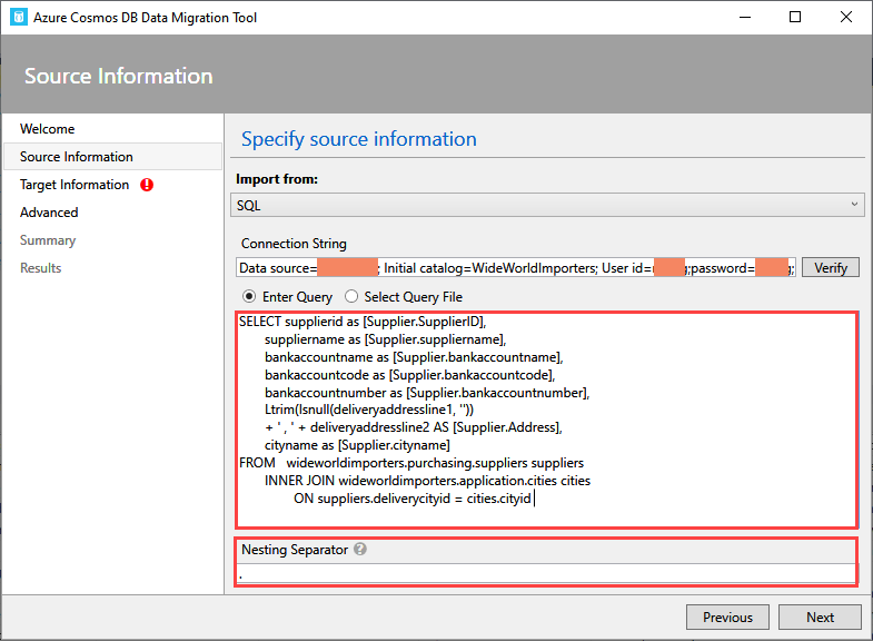 Enter Query: Source information screen 
