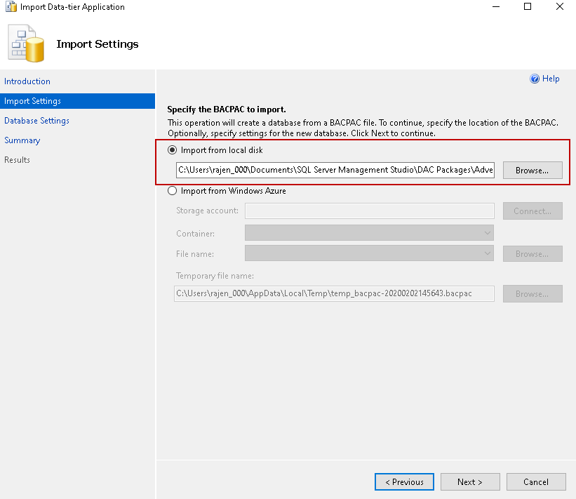 Import from local disk