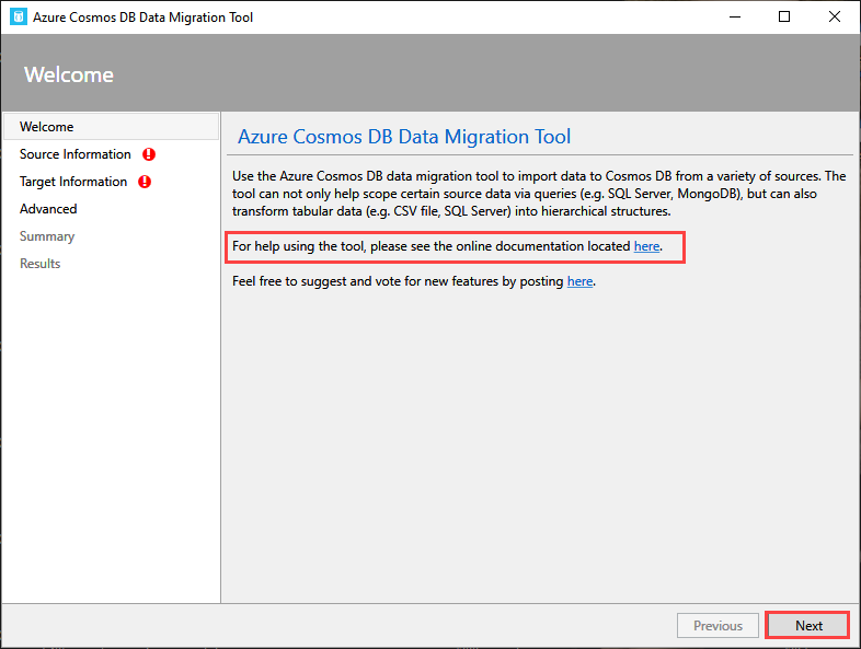 Welcome screen of the migration tool